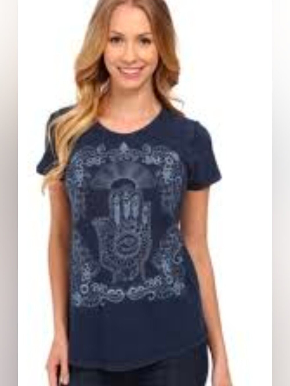 Lucky Brand "Lucky Lotus" Blue Embroidered Hamsa Hand & Evil Eye Tee-Lg